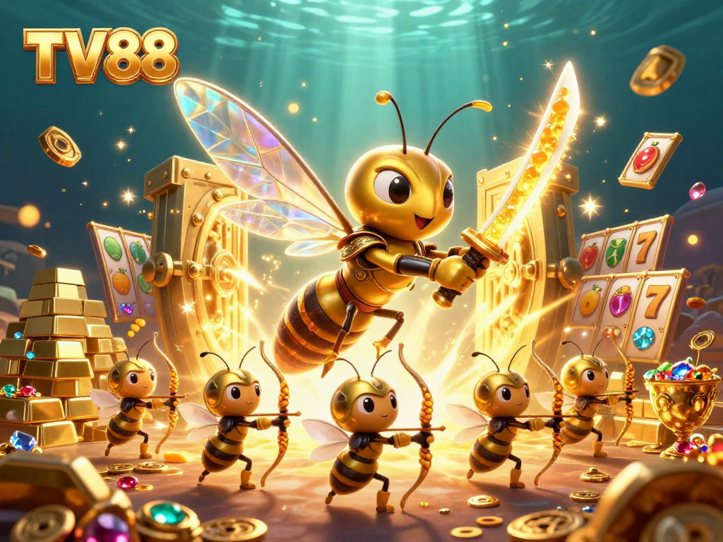 Engage with TV88's thrilling slots featuring a golden hornet samurai and bee archers in a sparkling treasure scene
