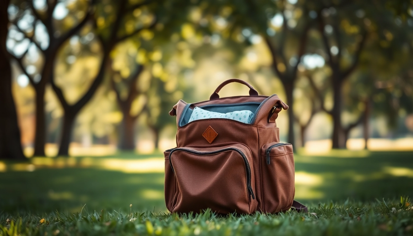 Stylish wrangler diaper bag showcasing compartments in a natural park setting.