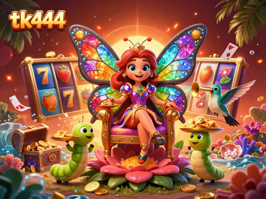 Experience the vibrant world of tk444 with a mystical butterfly queen amongst casino treasures.