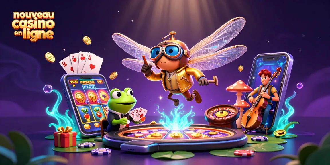 Visualisez le nouveau casino en ligne avec un pilote libellule et un croupier grenouille jouant aux cartes.