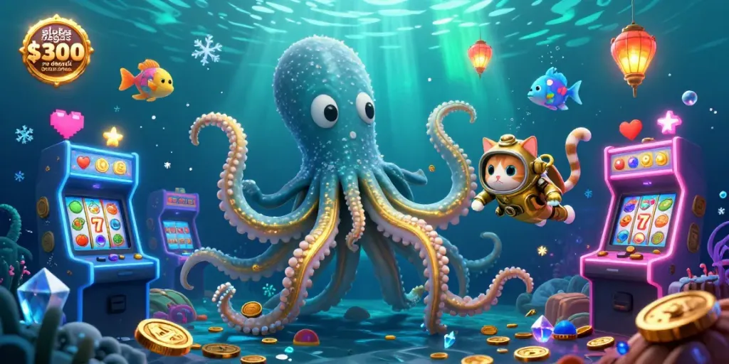 Discover the slots of vegas $300 no deposit bonus codes in this vibrant underwater scene filled with 3D characters and casino elements.