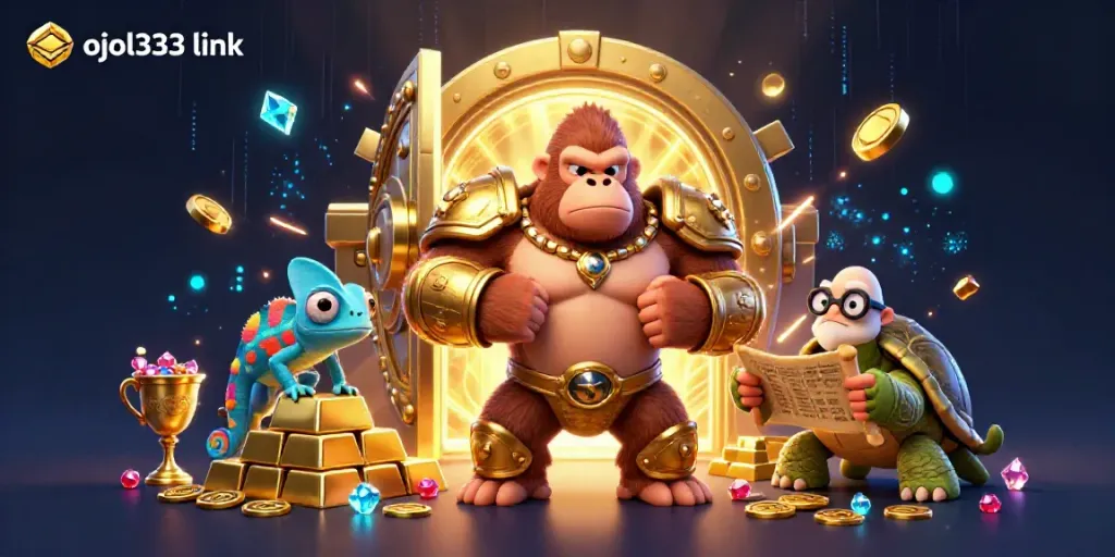 Enhance your game with Ojol333's link as a gorilla king and companions celebrate casino riches.