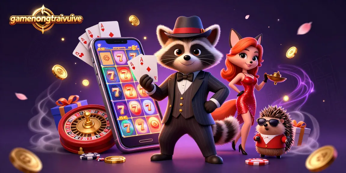 Play interactive slots with gamenongtraivuive, featuring a raccoon, fox, and hedgehog in a vibrant casino scene.