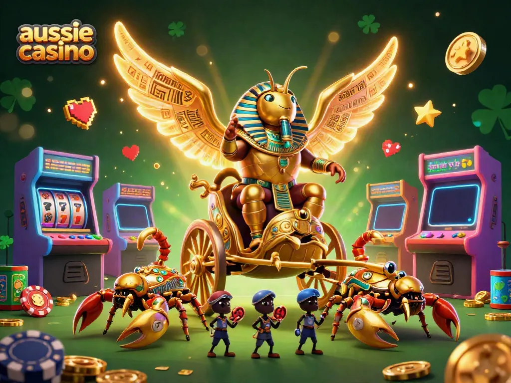 Experience the excitement of aussie casino gaming with vibrant 3D characters and slot elements.