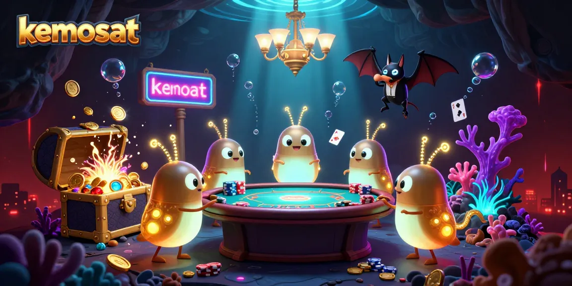 Kemosat illuminates a vibrant cave casino scene with glowworms and magical underwater effects.