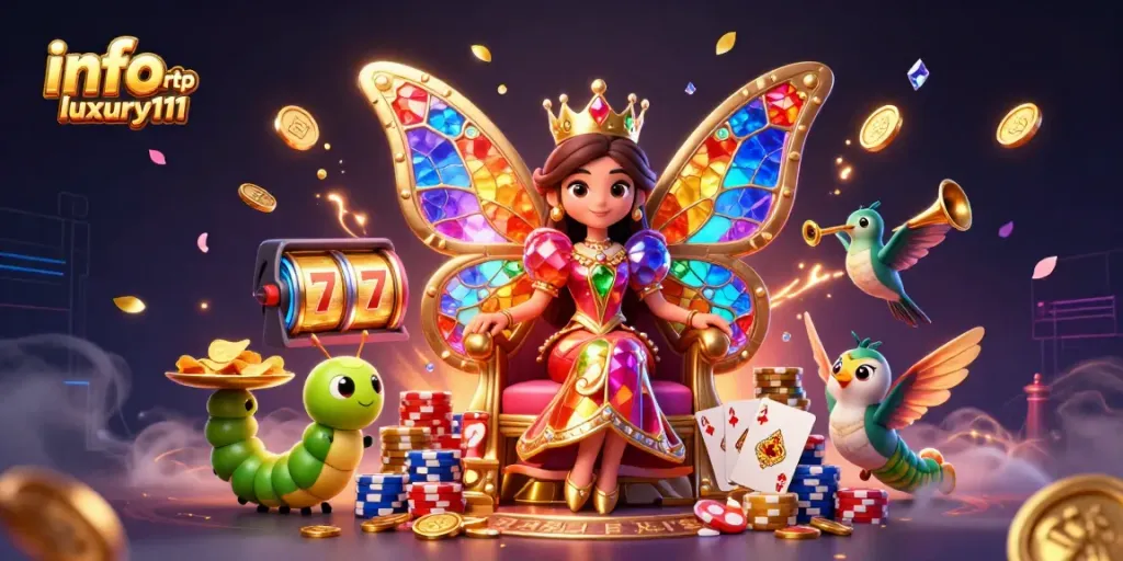 Spin to win with info rtp luxury111 in this vibrant 3D illustration featuring a butterfly queen and luxurious gaming symbols.