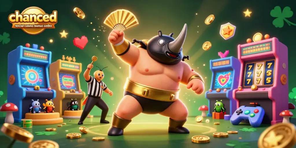 Engage in thrilling slots at Chanced social casino bonus codes with vibrant game scenes and coins flying.