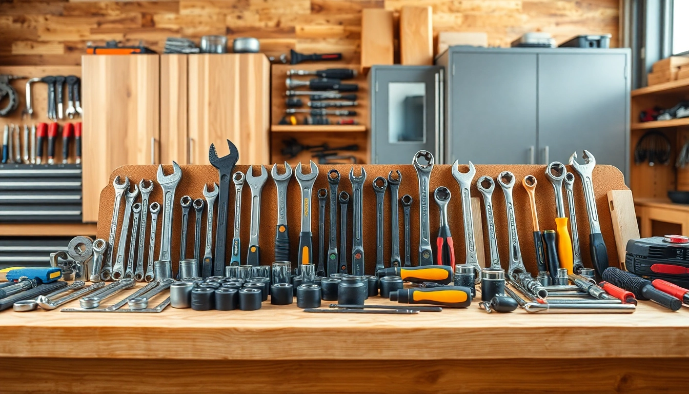 Utilize ks tools on a wooden workbench, showcasing organized hand tools for effective tasks.