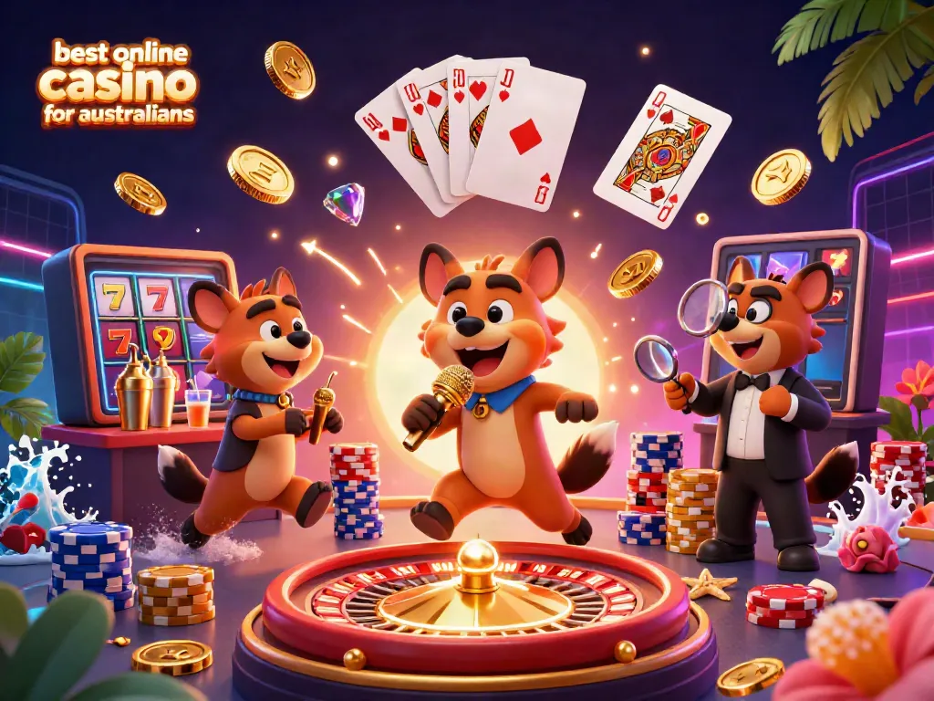 Experience the best online casino for Australians featuring comedic hyenas and vibrant casino elements.