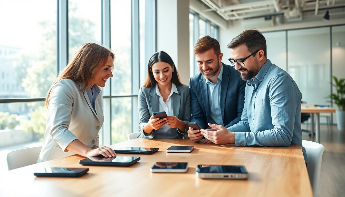 Engagement of a team discussing the best mobile phone business strategies in a modern setting.
