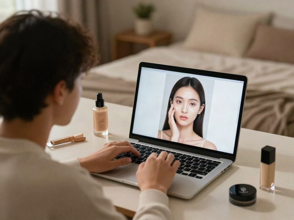 Test attractiveness through a personalized analysis on a laptop with beauty products in a cozy home setting