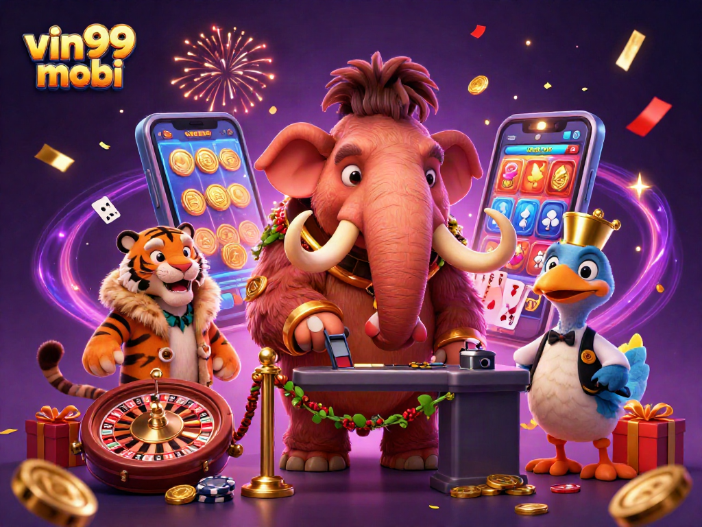 Experience a thrilling event with vin99 mobi in this vibrant casino scene featuring unique characters.