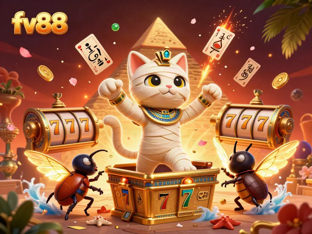 Enjoy exciting gameplay at fv88, featuring a dynamic scene with a mummy cat and scarab beetle in an illuminated casino.