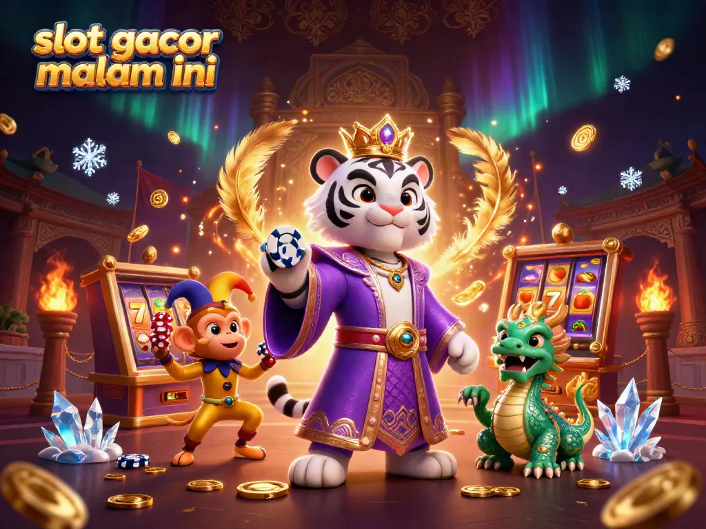 Menangkan slot gacor malam ini di kasino digital dengan ilustrasi hewan beruntung dan simbol permainan yang meriah.