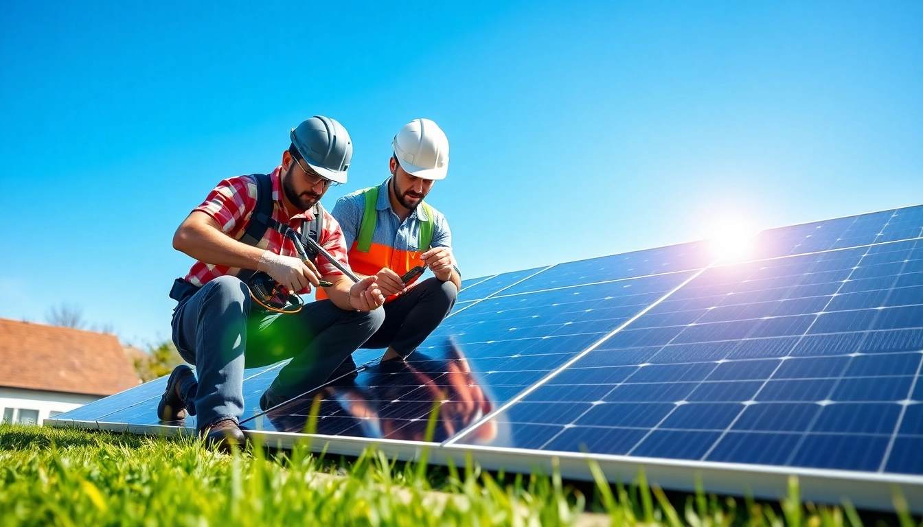 Expert technicians from a solar repair company New Jersey servicing solar panels on a sunny day.