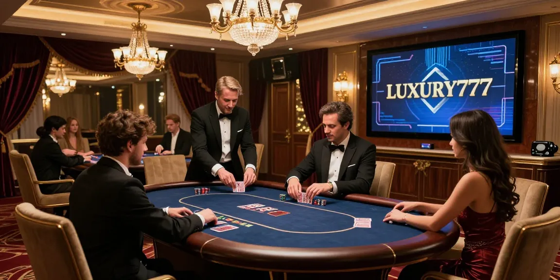 Lingkungan perjudian online LUXURY777 yang mewah dengan meja poker dan pemain yang stylish.