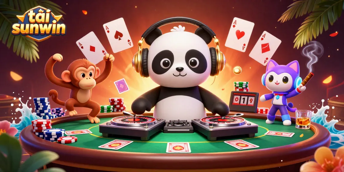 Engage with the thrilling world of tải sunwin featuring a DJ panda and dynamic casino elements in a vibrant scene.