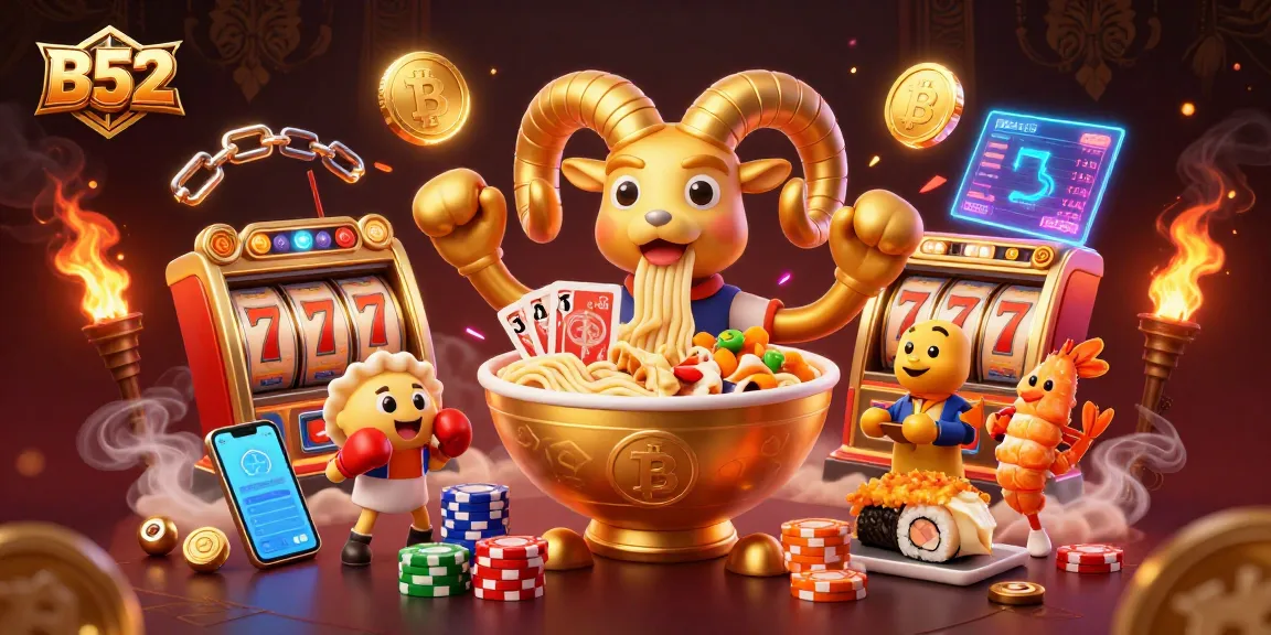 Engage in thrilling gameplay at B52, featuring a dynamic scene with slots, crypto elements, and animated characters.