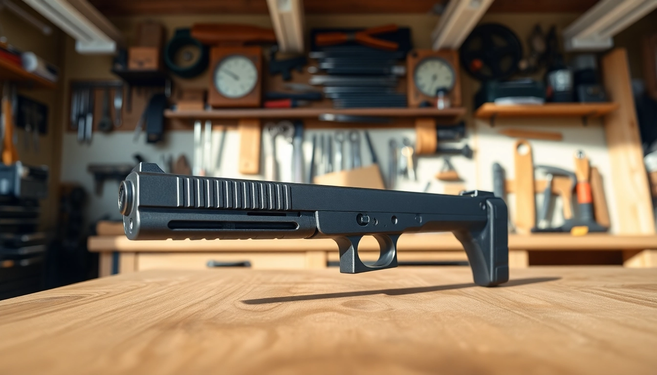 Showcasing a high-quality Glock 17 Gen 5 slide on a wooden table for firearm enthusiasts.