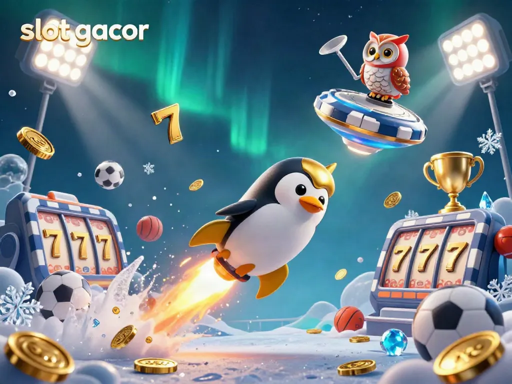 Engaging slot gacor scene with a golden penguin and casino elements in space.