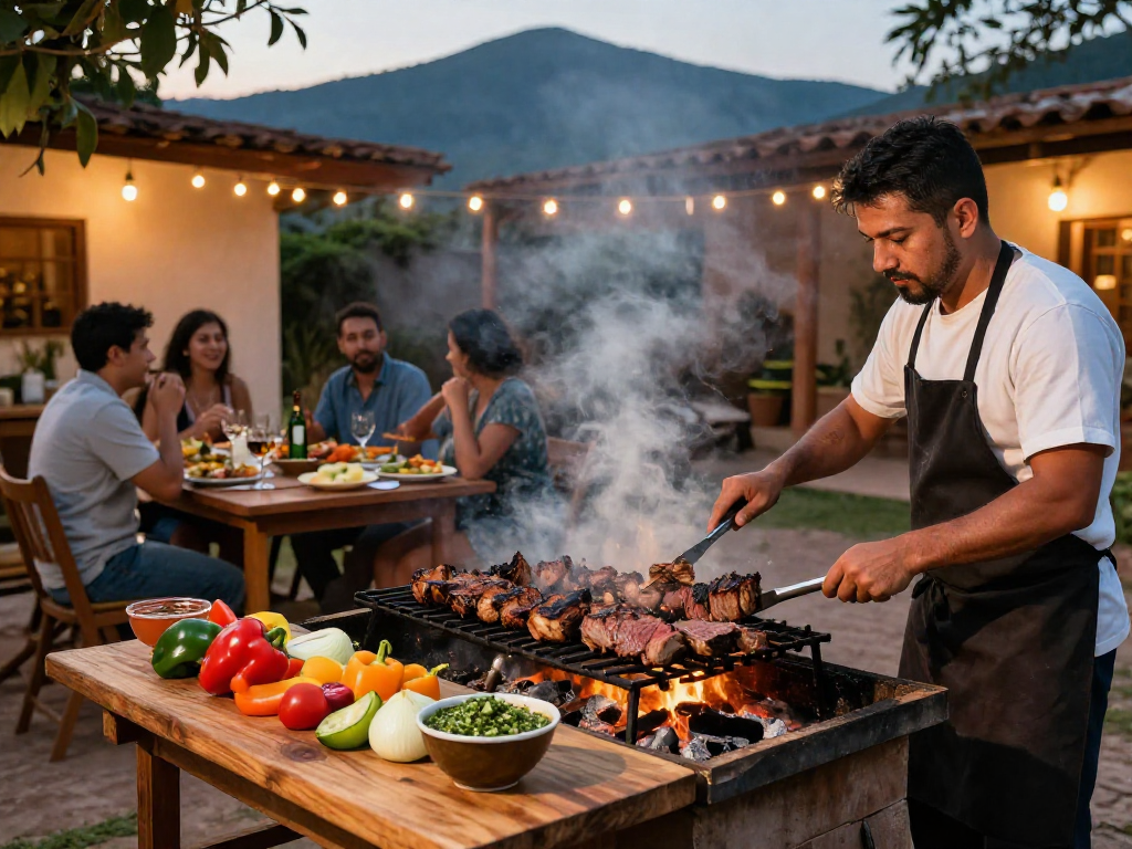 Experience the best parrillada argentina near me in a vibrant outdoor courtyard grilling scene with friends.