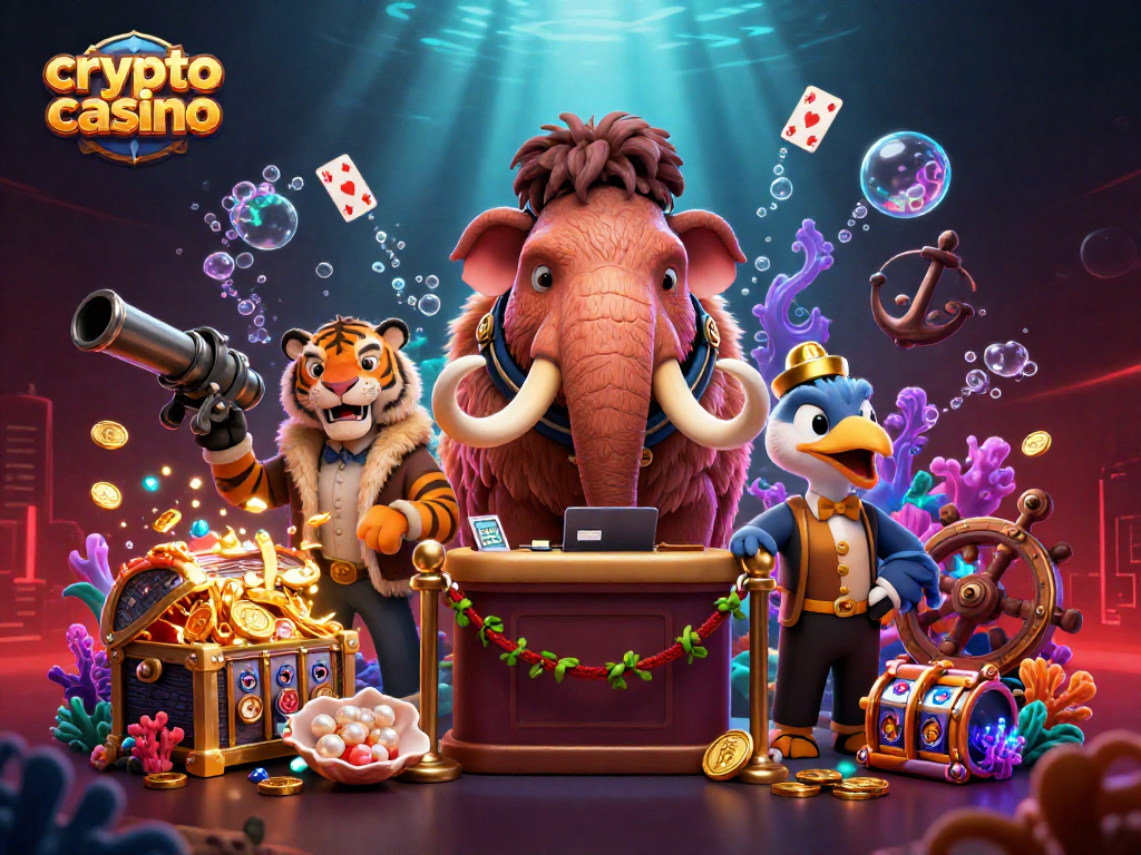 Jouez dans un crypto casino extravagant avec un bouncer mammouth et un VIP, entouré de pièces et de jeux.