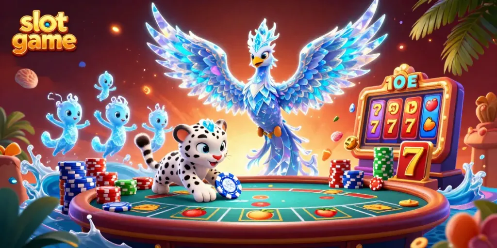 Experience thrilling slot game action with vibrant characters and dynamic elements in this immersive illustration.