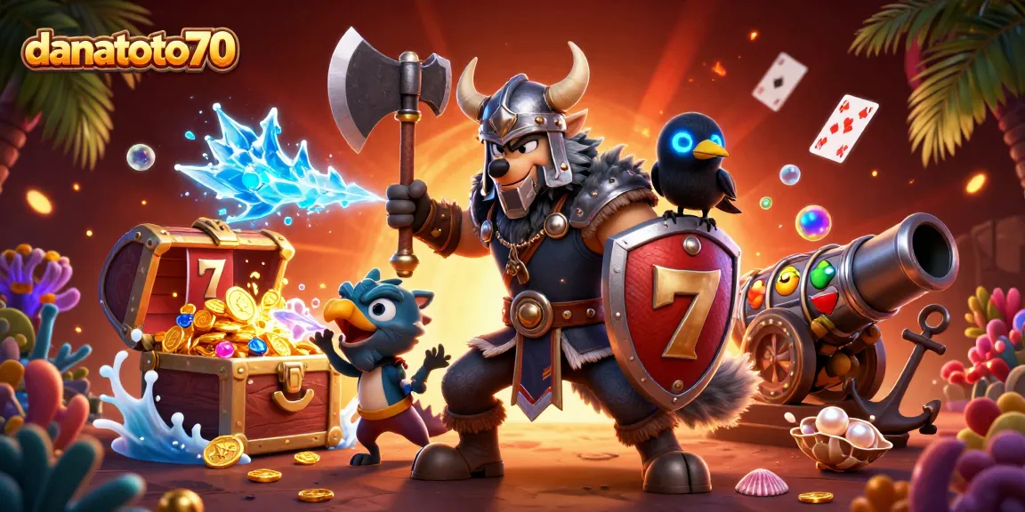 danatoto70 promotes exciting gameplay with a Viking wolf warrior, dragon, and casino elements.