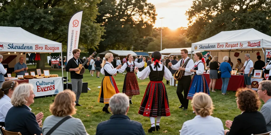 A vibrant cultural festival scene celebrating Breton culture with musicians and dancers, enhanced by cultural activities reflecting community engagement and traditions. m98 prominently featured.