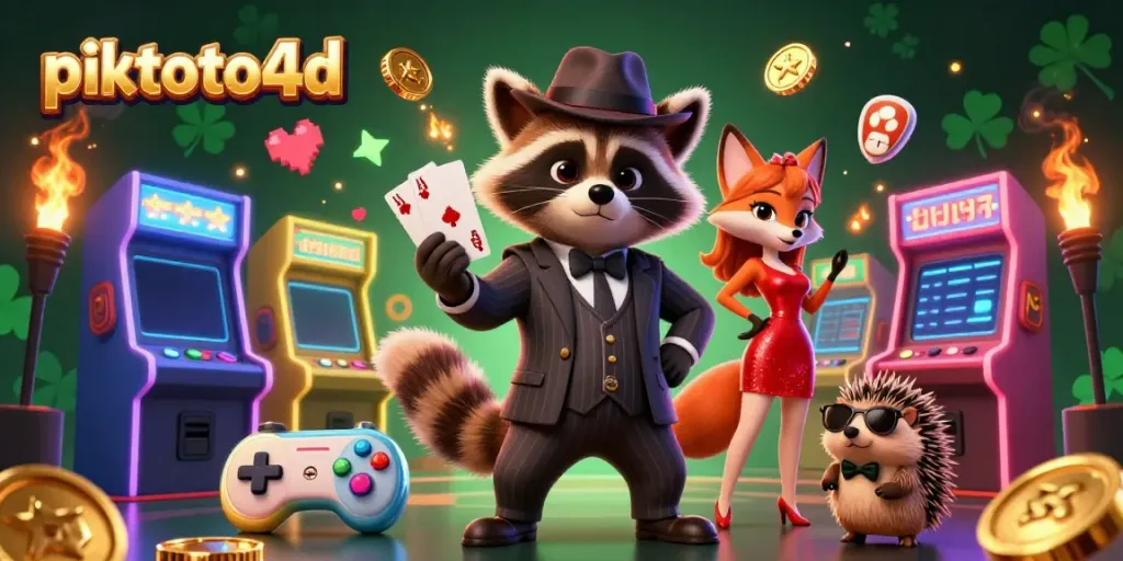 Experience the excitement of piktoto4d with a suave raccoon and friends in a vibrant casino scene.