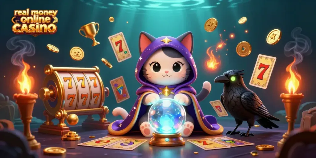 Engage with an exciting real money online casino scene featuring vibrant slot reels and captivating characters.
