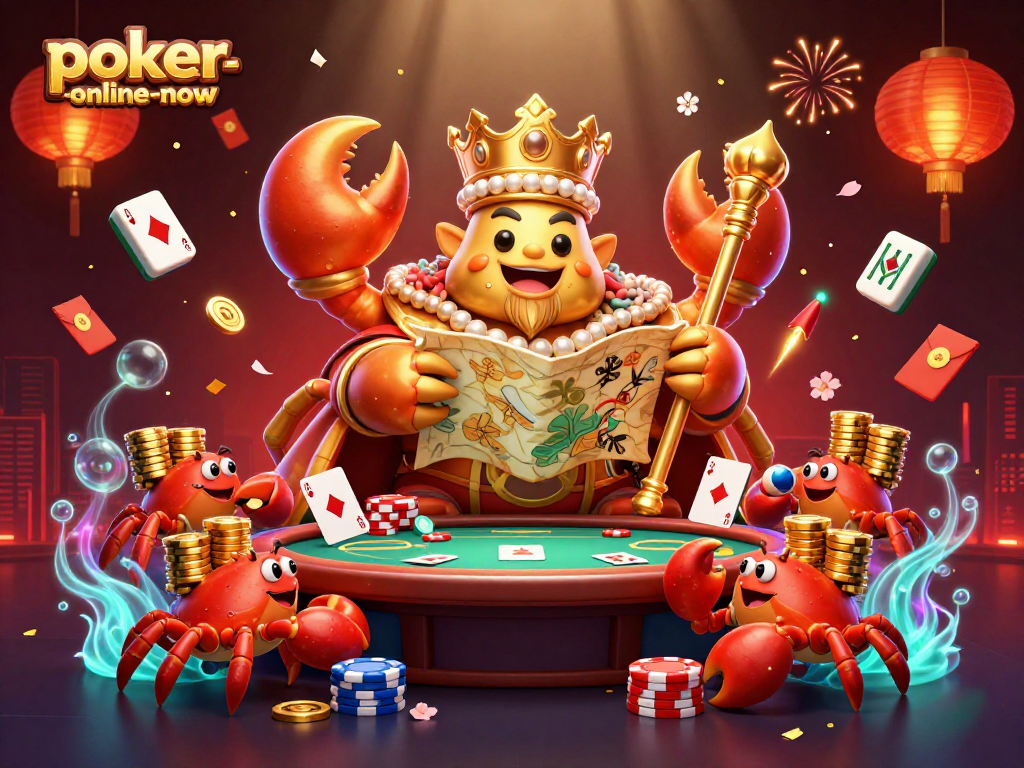 Play poker-online-now with immersive action featuring a crab emperor and bright casino elements.