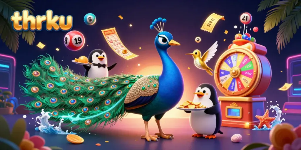 Bettors engaging in lively gaming with thrku's captivating casino elements including a vibrant prize wheel and dynamic lottery balls.