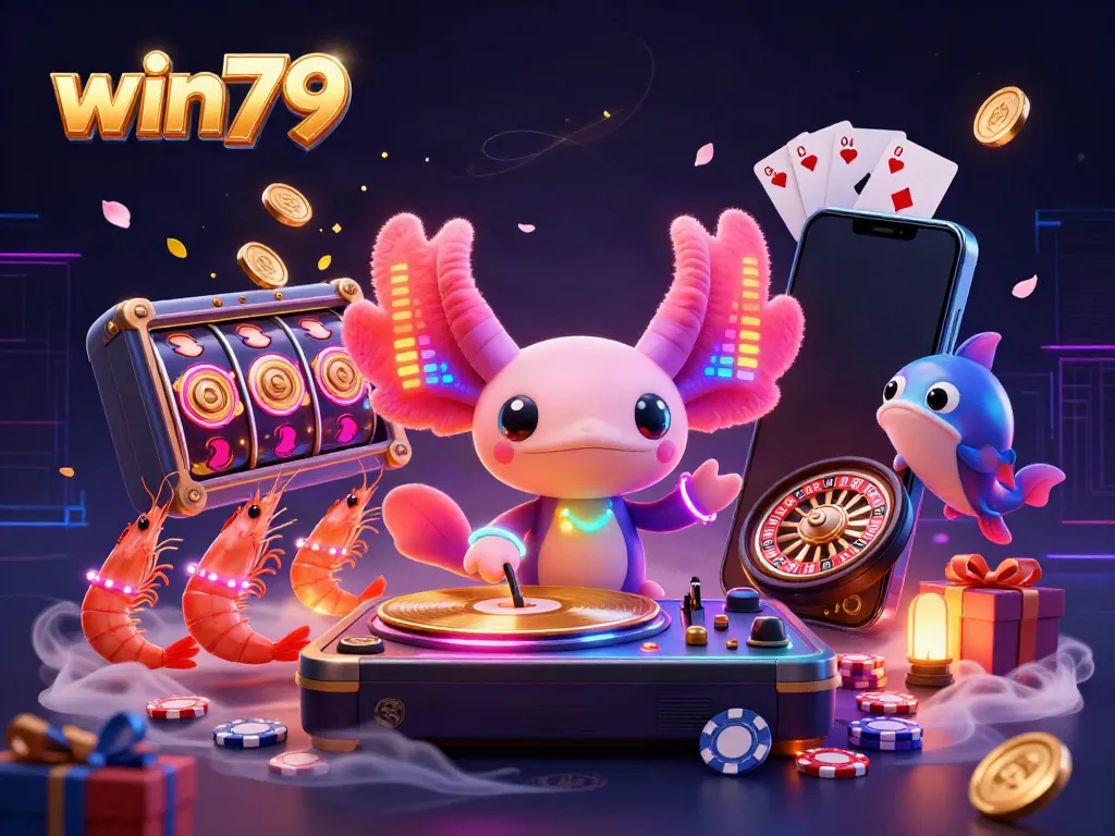 Experience the vibrant world of win79 with a lively axolotl DJ and engaging casino elements.