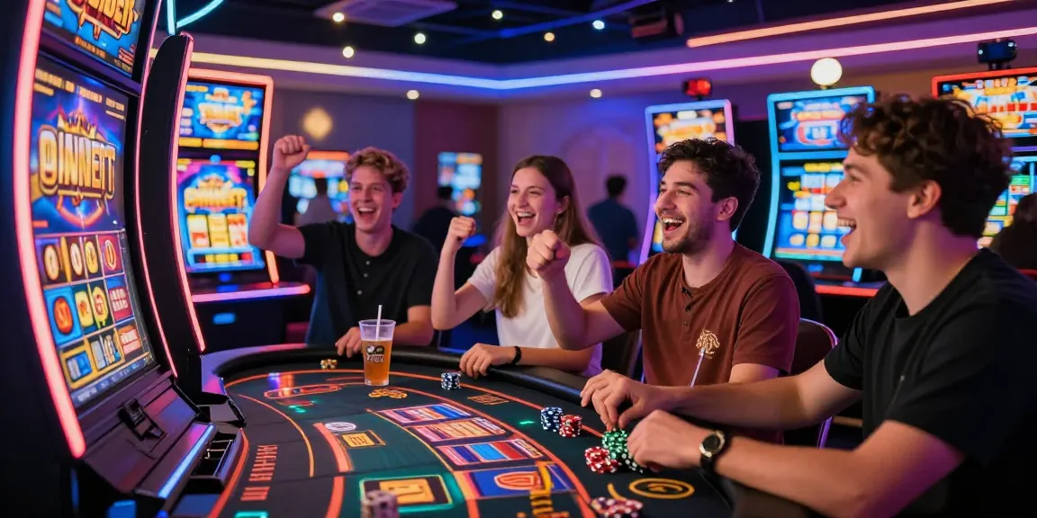 Players enjoying a thrilling experience at a situs gacor online casino, surrounded by bright slot machines and vibrant casino lights.
