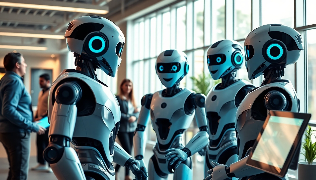 Ai Bots collaborating in a modern office, showcasing teamwork and interaction.