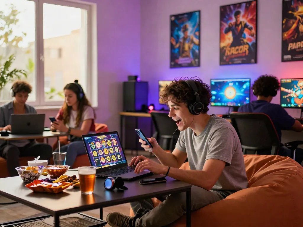 Group enjoying slot gacor games on laptops, highlighting excitement and community in online gaming.