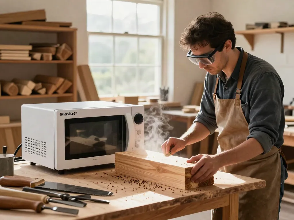 SHASHEL® microwave device in use for eco-friendly wood treatment, showcasing woodcraft and pest elimination.