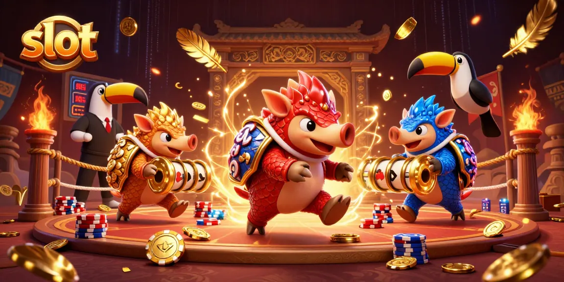Slot yang menampilkan pangolin berkompetisi di arena dengan tumpukan chip poker dan simbol keberuntungan.