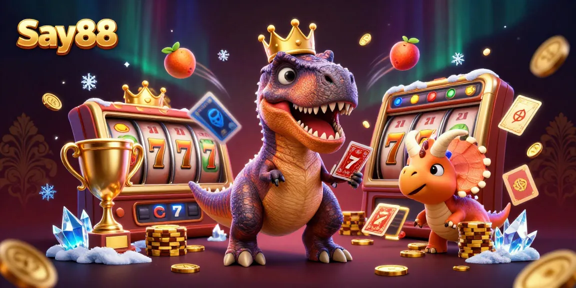 Say88 features a friendly T-Rex shuffling cards and a baby triceratops stacking golden chips in a vibrant casino scene.