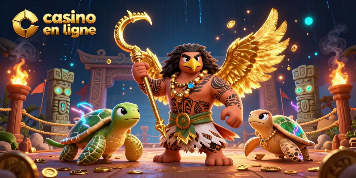 Dans ce casino en ligne, un majestueux demi-dieu hawk échange avec un intrigant turtel et des statues tiki brillantes.