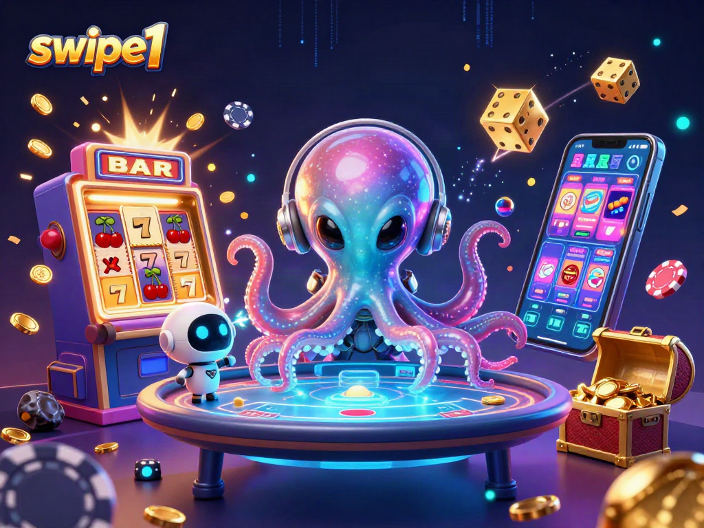 Engage with swipe1 at a vibrant casino table featuring an alien octopus and robot amidst soaring jackpots.