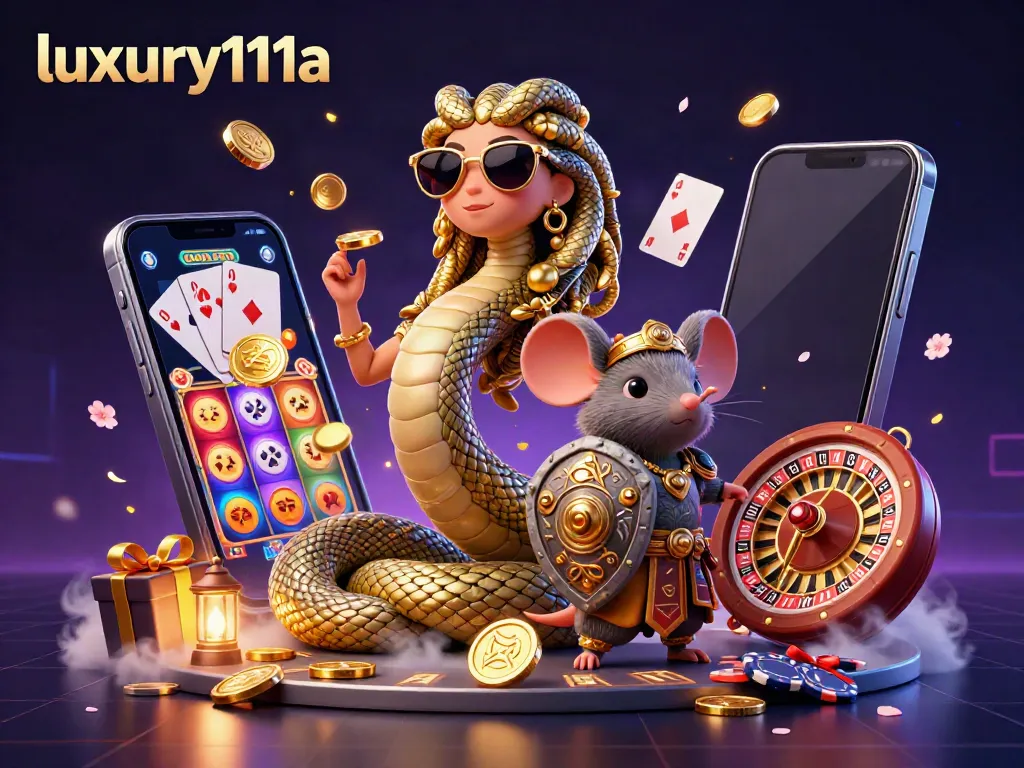 Engage with luxury111a's vibrant casino scene featuring Medusa and a brave warrior mouse amidst dynamic gaming elements.