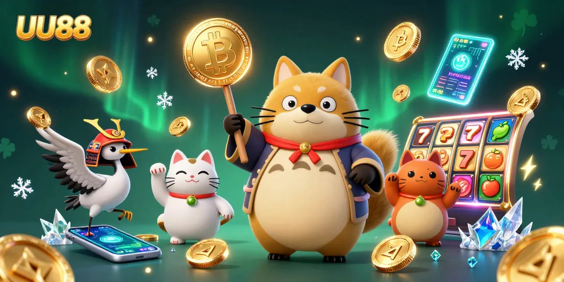Experience the excitement of UU88 with animated slot reels and playful characters in a vibrant casino scene.