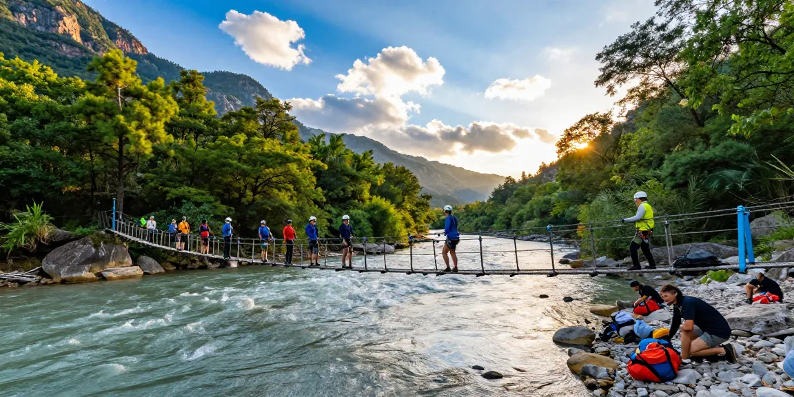Adventurers safely crossing a river rope bridge in a scenic outdoor setting