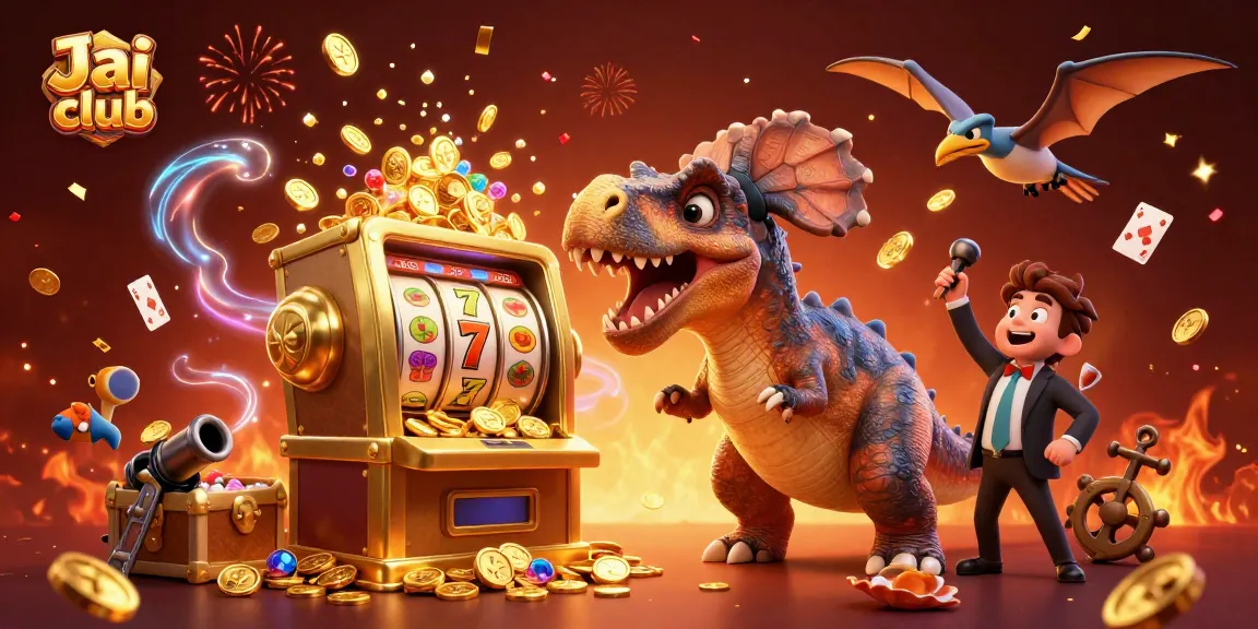 Experience the thrill of Jai Club as a pachycephalosaurus wins jackpots, surrounded by coins and vibrant casino elements.