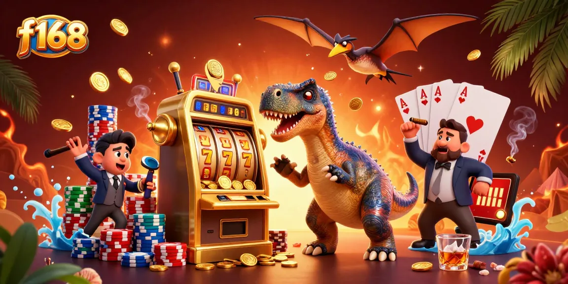 Witness f168's vibrant casino action with a dinosaur-themed jackpot scene featuring characters and slots.