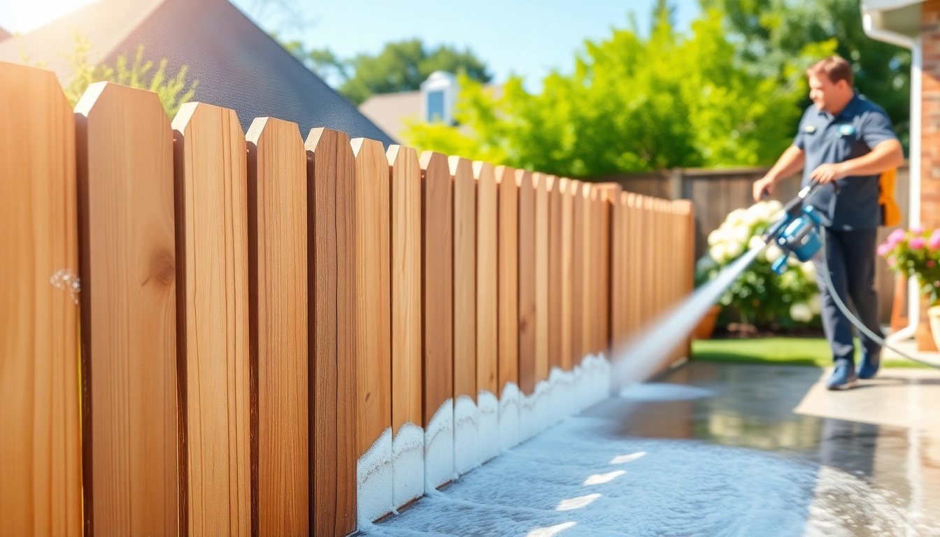 Achieve pristine results with Fence Cleaning, showcasing a technician using a soft wash method on a wooden fence.