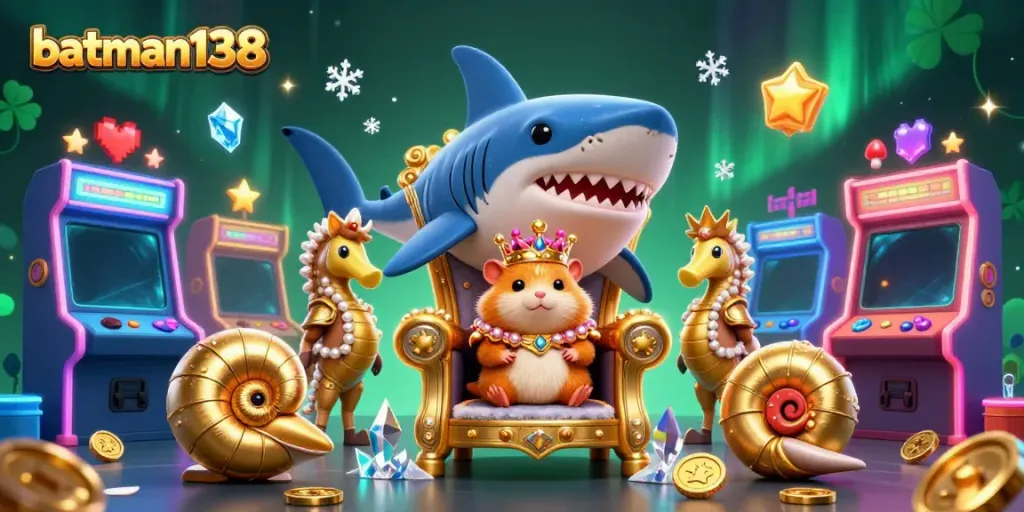 Experience batman138 online gaming with a vibrant 3D scene depicting a royal hamster king and arcade elements.