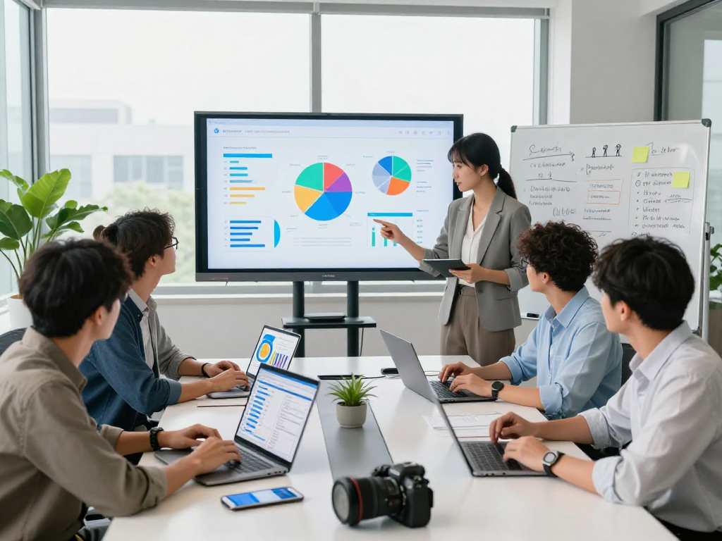 Buy app installs with a dynamic team collaborating on app marketing strategies in a modern office.